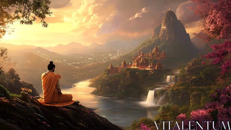 Solitary monk listens to a golden valley breathe at dusk