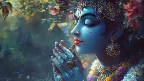 Blue-skinned deity prays in jeweled serenity amid blossoms