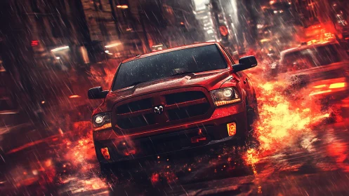 Red pickup truck charges through rainy neon city streets