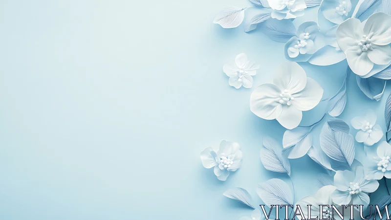 Layered floral composition arranged on gradient blue background surface