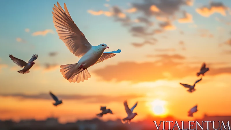 Aerial white dove in golden-hour backlit flight dynamics.