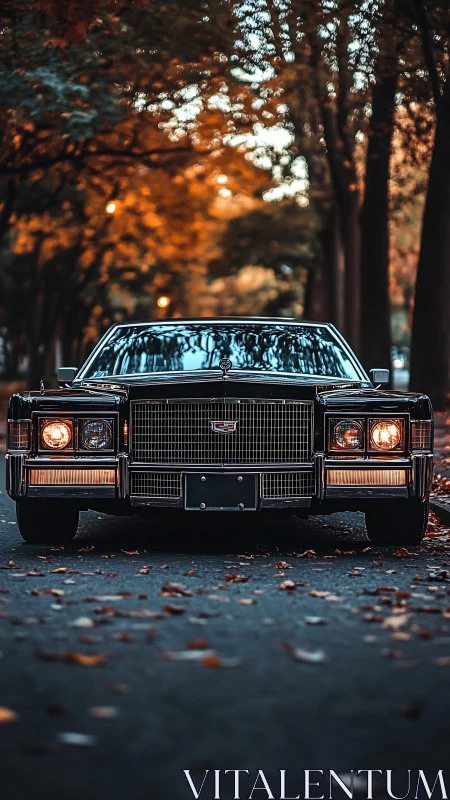 Front view shows classic sedan parked on tree-lined road