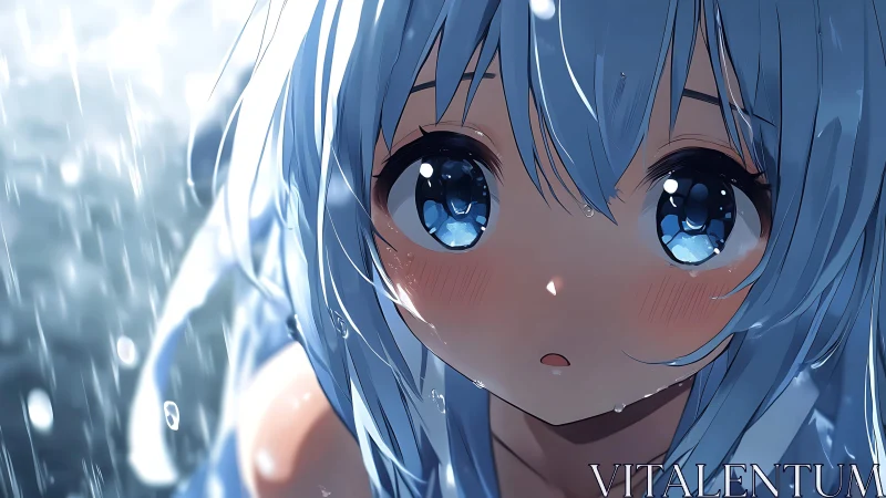Blue haired anime character rendered close to frame in rain