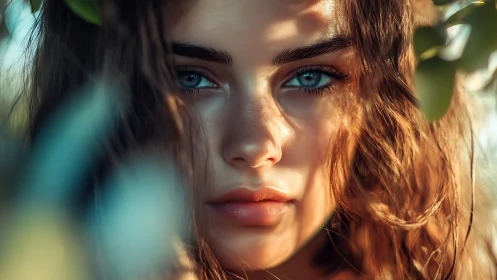 Sunlit blue-eyed portrait framed by soft foliage shadows.