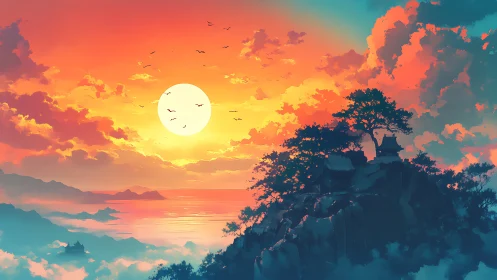 Sunset over coastal temple rendered in vivid digital gradients