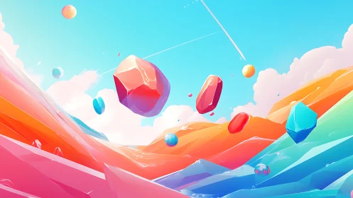Chromatic low-poly crystal aerodynamics in stylized canyon sky.