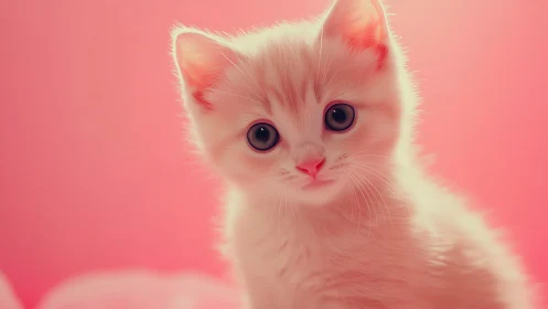 White kitten with pink-tinted background and prominent eye features.