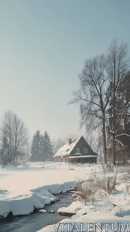 Snow covered rural house beside frozen stream in winter.