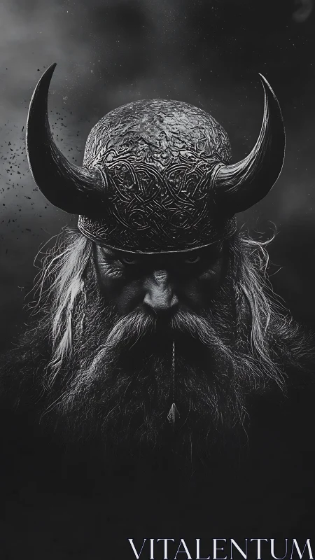 Monochrome horned Viking warrior portrait with ornate helmet