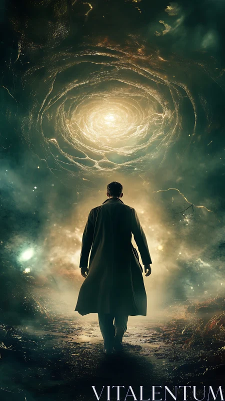 Lone wanderer strides toward the stormlit cosmic doorway