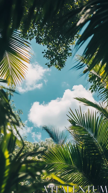Tropical palm canopy opens onto bright summer sky.