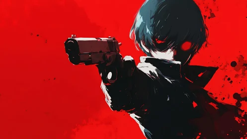 High contrast anime gunman with red negative-space background