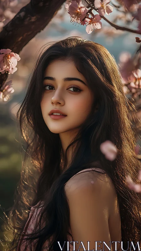 Soft-lit spring portrait of young woman among blossoms.