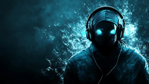 Glowing cyber listener lost in pulsing blue electric soundscape.