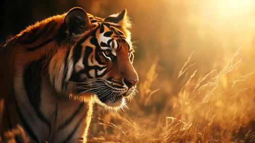 Backlit tiger in golden-hour grassland illumination study.