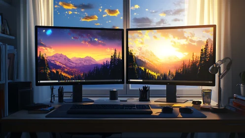 Cozy dual monitor desk glowing with mountain sunset views.
