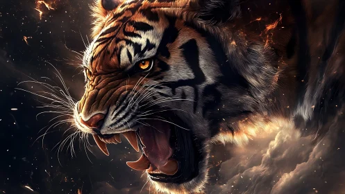 Fierce fiery tiger roaring with untamed, electric energy.