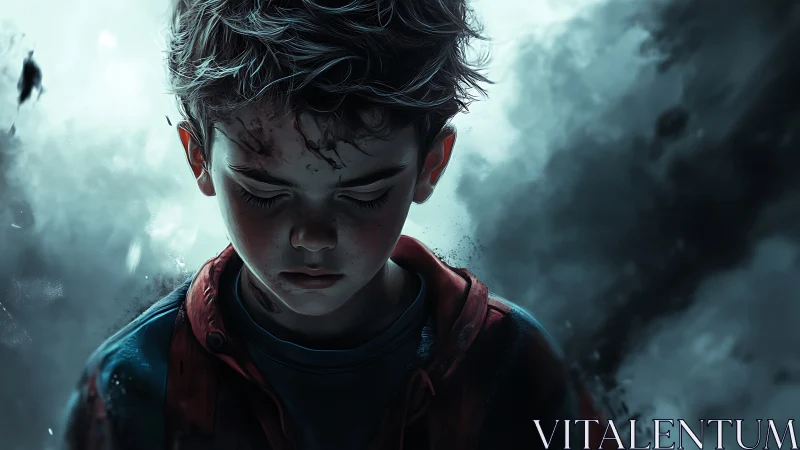 Somber young boy stands amid swirling storm-torn shadows