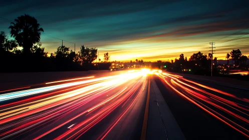 Long exposure traffic trails under a saturated dusk sky