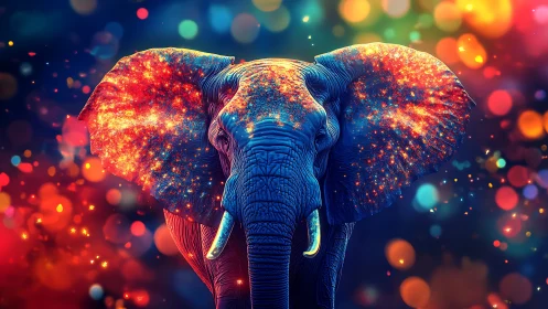 Elephant portrait with luminous ears and multicolor bokeh background.