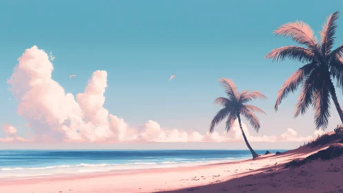Tropical Beach Paradise with Pink-Hued Clouds and Palm Trees