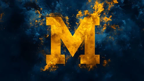 Blazing golden M erupts through storm-dark cosmic clouds.