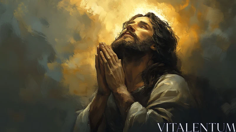 Devotional portrait of praying man in glowing light.