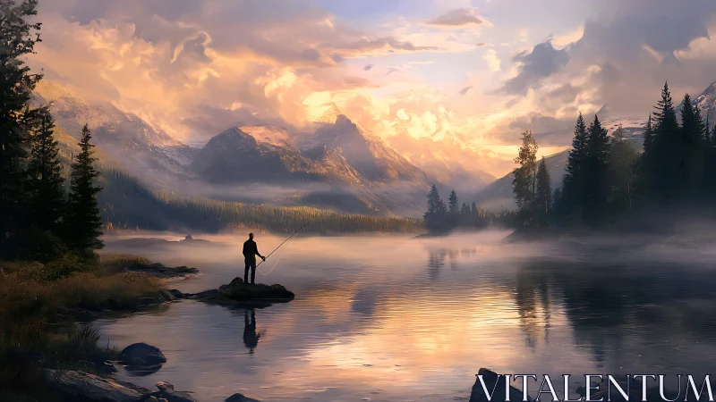 Solitary angler on misty alpine lake at sunrise panorama
