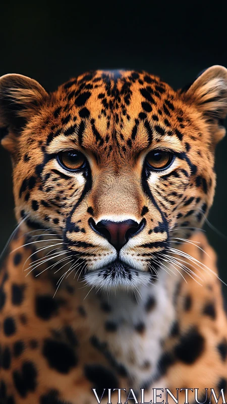 Leopard frontal portrait with sharp facial detail and focus.