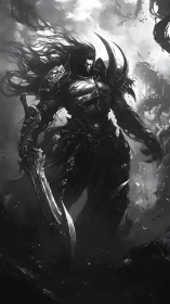 Dark armored warlord with greatsword in stormy void.