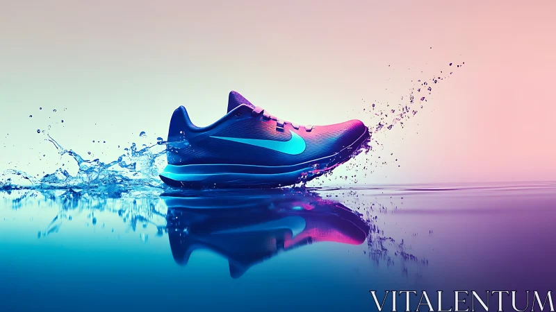 Bold running shoe splashing through neon-tinted water.