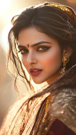 Sunlit gaze of a regal woman in shimmering golden finery.