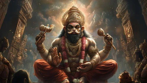 Majestic monkey-faced deity seated in glowing temple hall.