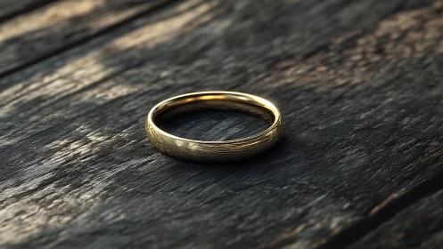 Polished gold ring rendered on weathered wooden surface