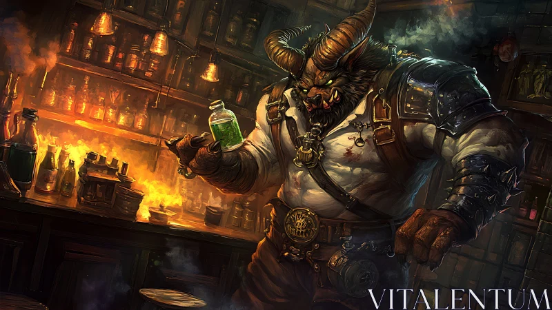 Demonic alchemist minotaur in glowing potion workshop.