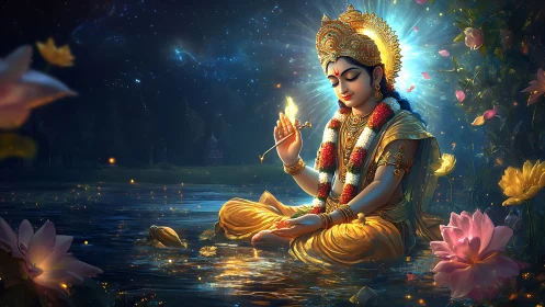 Divine child deity meditates by starlit lotus pond