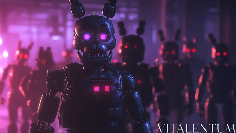 Robot rabbit horde with glowing eyes in neon corridor.