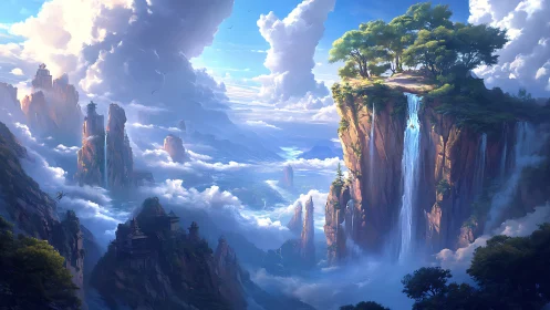 Floating Cliff Valley with Waterfall Among Clouds