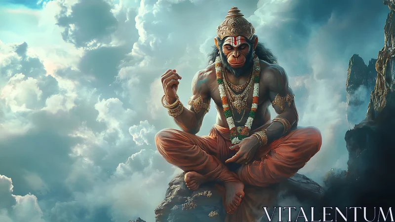 Simian deity in aerial meditation amid volumetric cloudscape.