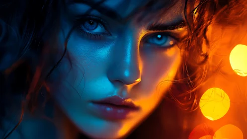 Close portrait uses dual blue and orange lighting on face