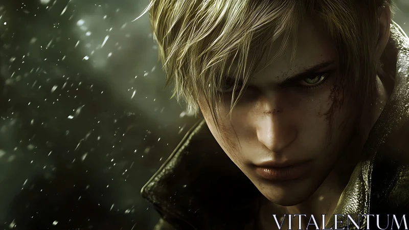 Storm-lit hero with fierce green eyes and quiet resolve.