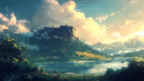 Sunlit citadel above river of clouds and wandering oarsmen.