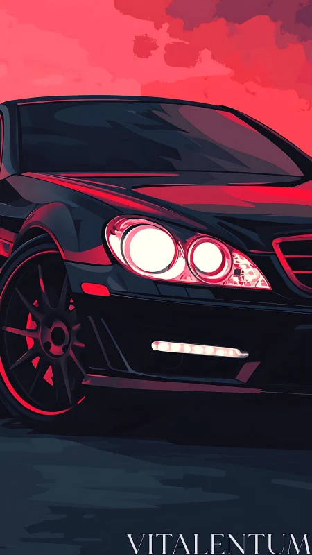 Neon-lit sports coupe illustration under vivid red sky.