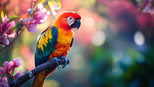 Vibrant Macaw Parrot on Branch in Colorful Spring Garden, Artistic Style.