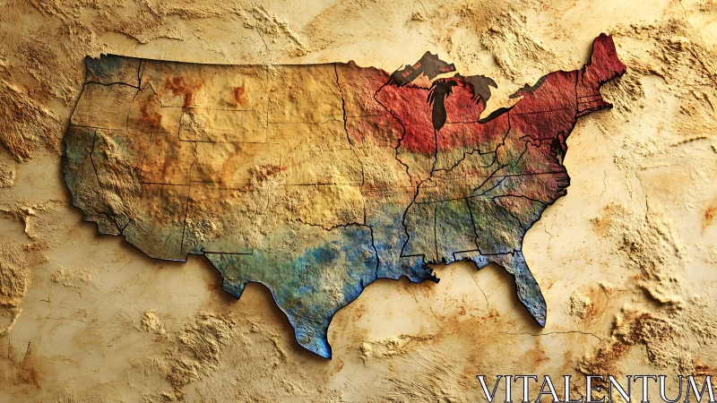 Weathered United States map glowing with rustic color charm.
