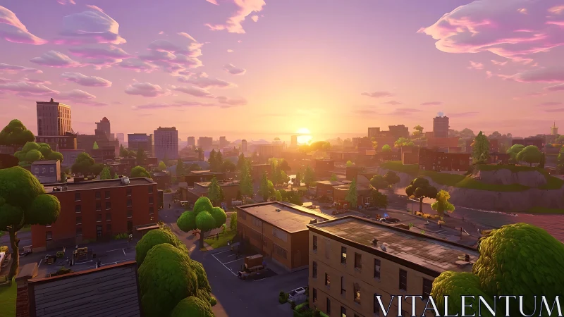 Sunlit stylized city skyline under glowing pastel clouds.