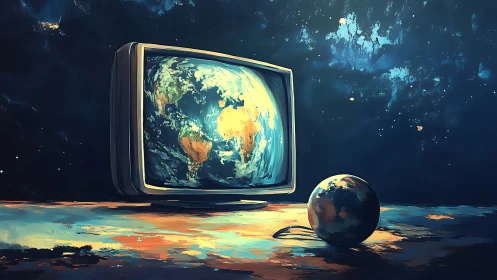 CRT monitor displays rotating Earth beside tethered globe sphere