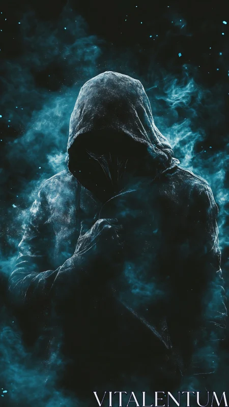 Mysterious hooded figure emerges from swirling blue smoke