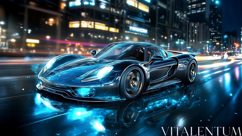 Futuristic sports car racing through neon city streets.