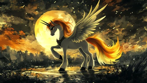 Winged unicorn alicorn silhouetted against luminous full moon